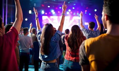 Silhouette of enthusiastic audience with arms raised at music concert, colorful stage lights creating dynamic atmosphere