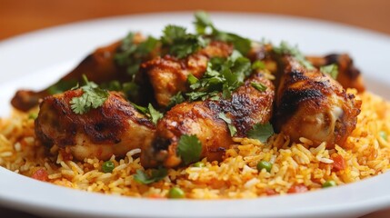 Fototapeta premium Spicy Indian Chicken Biryani with Tender Chicken Pieces Garnished with Fresh Coriander on a Plate