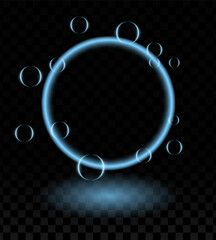 Blue neon magic ring effect. Glowing circular frame vibrant neon light, floating translucent orbs, soap bubbles, wallpaper, futuristic, tech-inspired, or decorative designs.