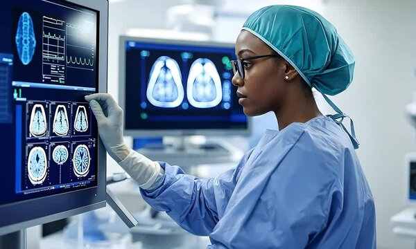 Healthcare professional examining brain scan results on multiple monitors in modern medical facility using advanced imaging technology
