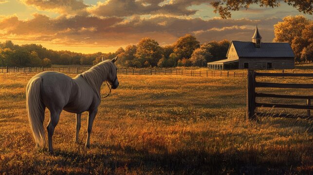 Serene horse grazing in golden pasture at sunset with a rustic barn in the background and soft light illuminating the landscape. - Powered by Adobe