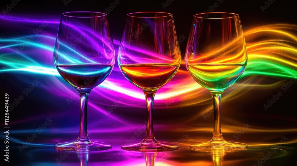 Poster three elegant wine glasses showcasing multicolored rainbow light trails in a dark backdrop creating 