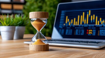 Analyzing business productivity trends with hourglass timer office workspace data visualization modern environment close-up perspective