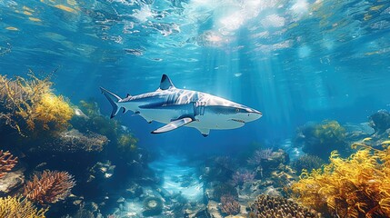 Fototapeta premium The deep sea with a shark swimming in it.