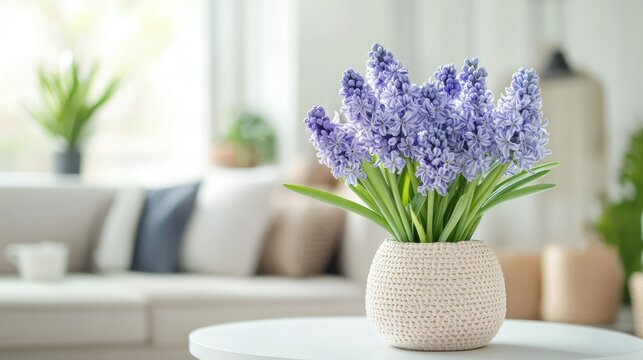 Modern living room decor featuring a stylish vase filled with vibrant blue hyacinth flowers on a white table