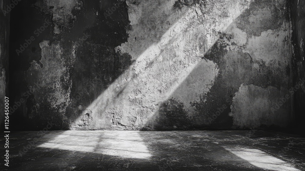 Poster grunge cement wall and floor with dramatic shadows creating a textured pattern in a dimly lit interi