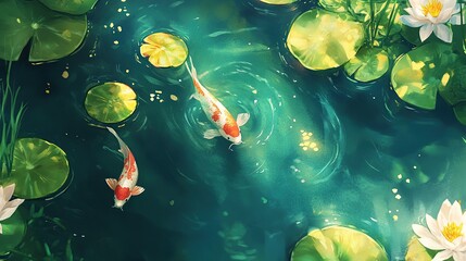 A serene water garden with koi fish gliding beneath lily pads, symbolizing the fluid and peaceful flow of creative thoughts.