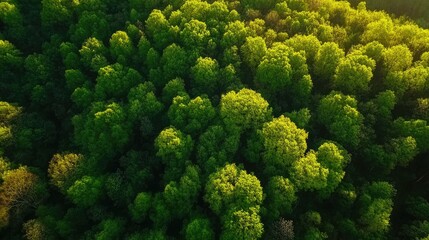 Naklejka premium Aerial view of lush deciduous trees with vibrant green foliage in a sunny spring park landscape. Nature's beauty and tranquility captured.