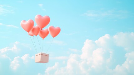 A Box flying on a parachute with pink cloud in valentine day,package flying down from sky and cloud with parachute, concept for delivery service,shopping online,air delivery service.