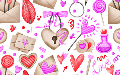 Sweetvers, realationship, love seamless pattern. Hand drawn st Valentines day background. love day pink pattern