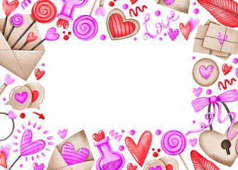 Horizontal border frame for st Valentines day. Love card. Invitation for 14 february. Relationship. Hand drawn cartoon illustration