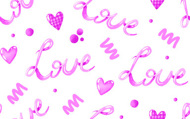 Seamless pattern with handwritten love word. Valentines day background for lovers, telationship, sweethearts. Love day