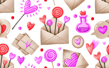 Love day pattern. 14 february st Valentines day background with love letters, sweets. Relationships, sweetlovers. Hand drawn background