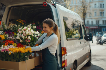 Beautiful smiling young woman florist in apron loading van with different flowers outside flower shop ready for delivery.