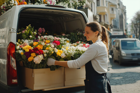 Beautiful smiling young woman florist in apron loading van with different flowers outside flower shop ready for delivery.
