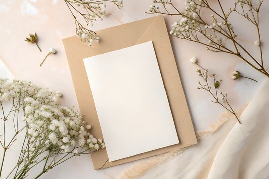 A blank beige invitation card mockup on a soft background with delicate white flowers and a neutral envelope. Perfect for wedding or event branding projects.
