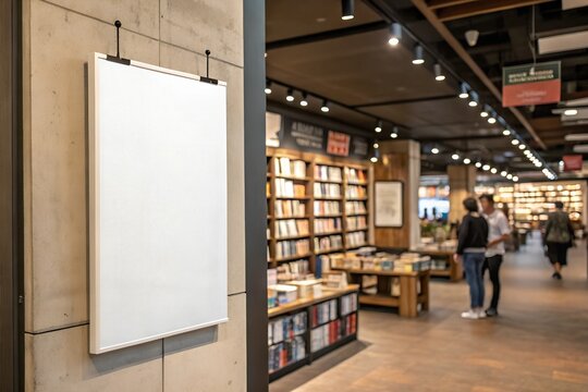 A white A2-size blank mockup poster hanging in a modern bookstore with a concrete wall and bookshelves in the background. Perfect for advertising or branding projects.
