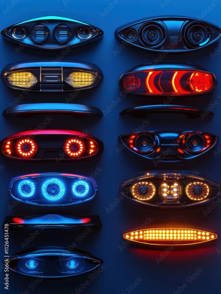 Poster colorful assortment of led car headlights and tail lights neatly arranged on a vibrant blue surface,