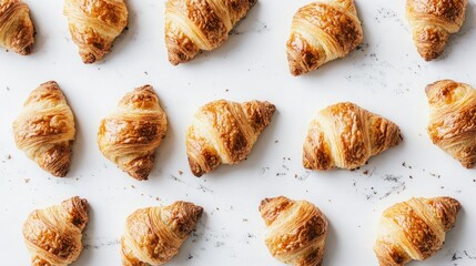 Assorted freshly baked croissants arranged on a white background showcasing delicious flaky layers and golden-brown texture