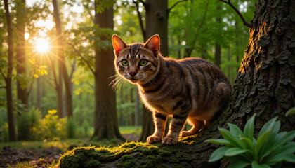 Obraz premium Tabby cat sitting on moss in a serene sunlit forest