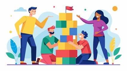 A group of people are building a tower out of blocks