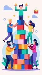 A group of people are building a tower out of blocks