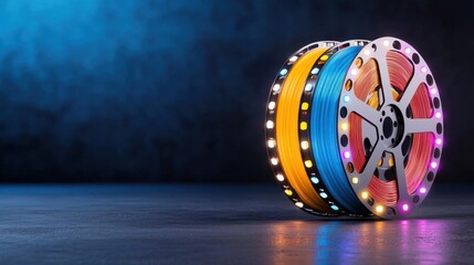 A photostock of a vibrant gradient filmstrip with multicolored lighting on a black background, ideal for photography or media themes. High Quality