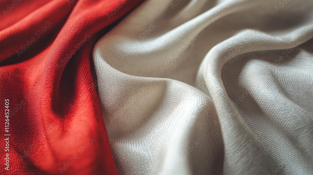 Poster textured red and white fabric draped in elegant folds showcasing soft textile material and color con