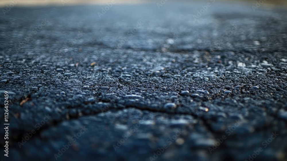Poster textured dark asphalt surface with visible cracks and pebbles, shot from a low angle to emphasize de