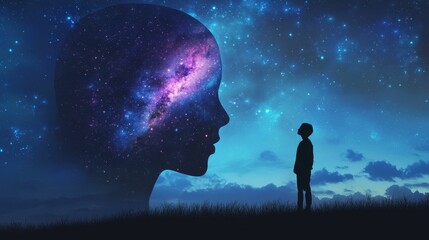 Silhouette gazes at cosmic head, starry night.