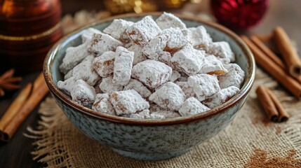 Close-up of Puppy Chow holiday snack in a vintage bowl, set on a burlap table runner with cinnamon sticks nearby