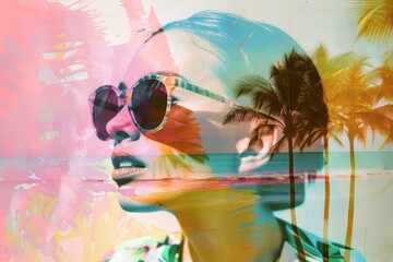 Colorful tropical portrait of a young woman in sunglasses posing in summer near the sea with pastel colors background