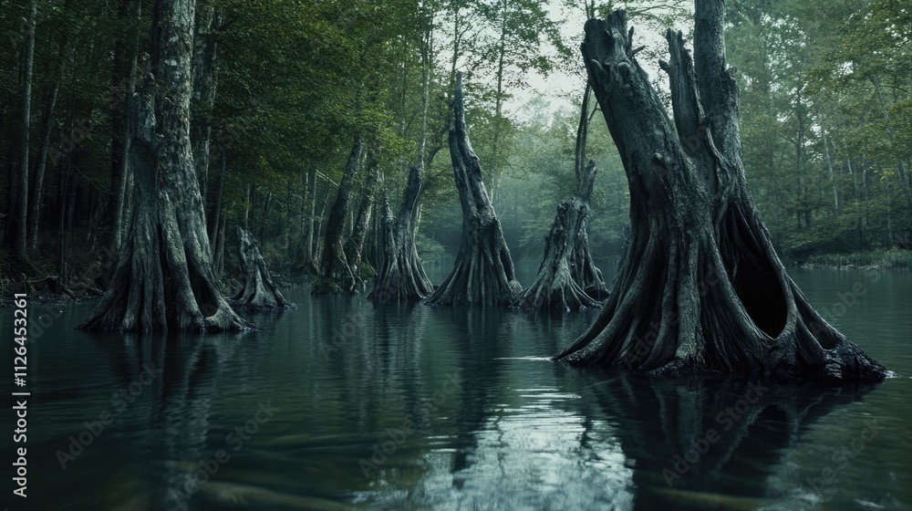 Poster mysterious forest scene featuring ancient weathered trees rising from tranquil waters in a misty, et