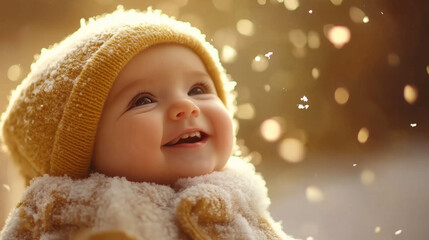 Urocze dziecko w zimowych ubrankach z radosnym uśmiechem cieszy się padającym śniegiem.