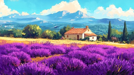 Scenic countryside with lavender fields, rustic house, vibrant purple flowers, mountain view, bright blue sky, lush greenery