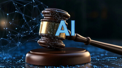 Młotek sędziowski ustawiony obok napisu „AI” na ciemnoniebieskim tle, symbolizujący połączenie sztucznej inteligencji z prawem.


