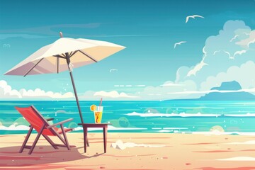 A chair and an umbrella provide shade on the sandy beach, with the azure sky reflecting in the crystal clear water of the oceanic coastal landforms