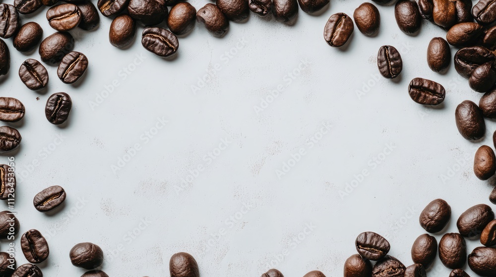 Poster coffee beans arranged in a circular pattern on a light background showcasing their rich color and te