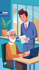 A man in a suit is talking to an older man in glasses