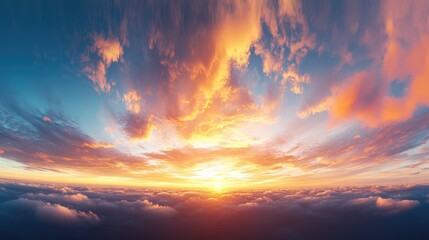 Obraz premium Stunning 360 panorama of a vibrant golden orange red sunset sky with dramatic clouds ideal for 3D graphics and sky replacement projects