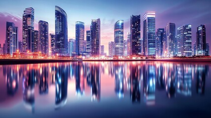 A futuristic cityscape with illuminated towers casts reflections on a tranquil water surface. This technology-themed wallpaper boasts a premium light background, perfect for any modern