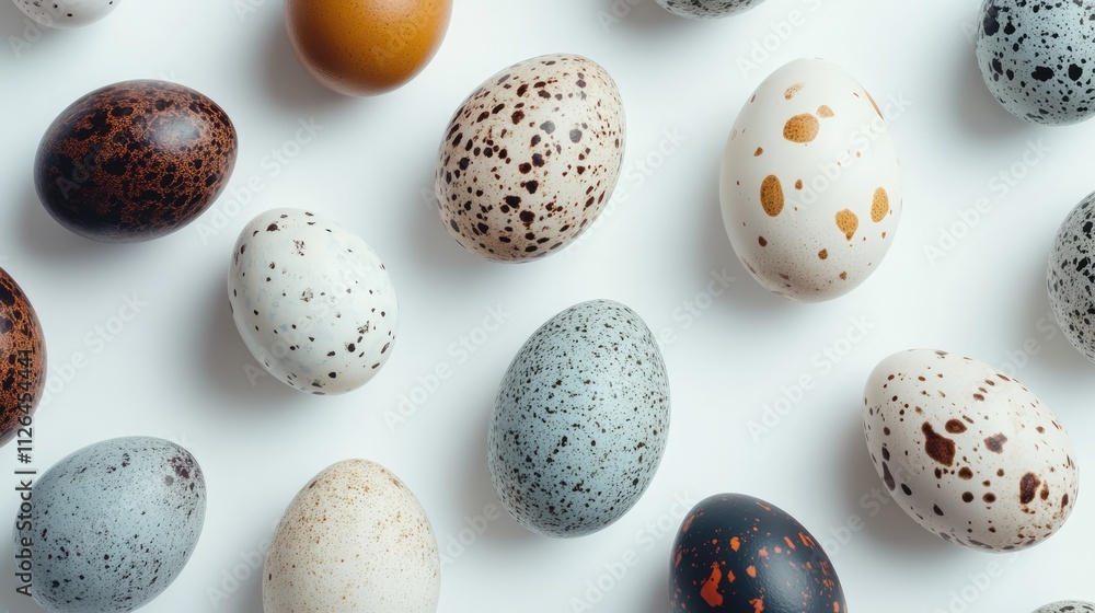 Poster various decorative eggs with unique patterns and colors arranged on a white background for easter or