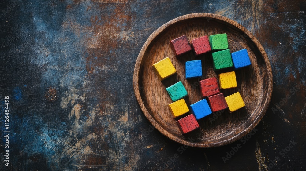 Poster wooden plate with colorful building blocks on a rustic background creating a playful and inviting la