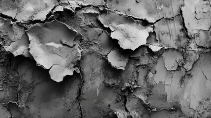 Obraz premium Close-up of cracked plaster texture revealing underlying concrete wall in monochrome tones showcasing the aging and weathering of surfaces.