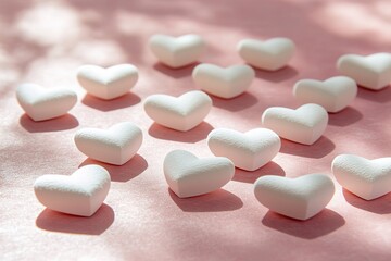 minimalist arrangement of paper hearts scattered across pastel pink surface soft shadows providing depth and copy space