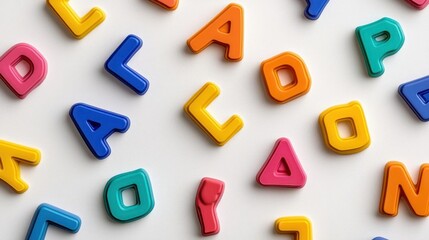 A photostock of colorful 3D plastic letters arranged randomly on a seamless white background, ideal for educational and creative projects. High Quality