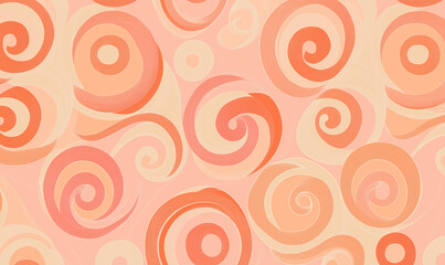Fototapeta premium Soft peach and orange swirl pattern with a groovy 1970s retro vibe on a muted pink background. Perfect for vintage-inspired designs or posters, evoking nostalgia and happy, eye-catching energy.