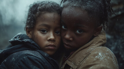 Dwoje dzieci, z poważnym wyrazem twarzy, trzyma się razem, pokazując wspólną odwagę i więź w trudnych chwilach.