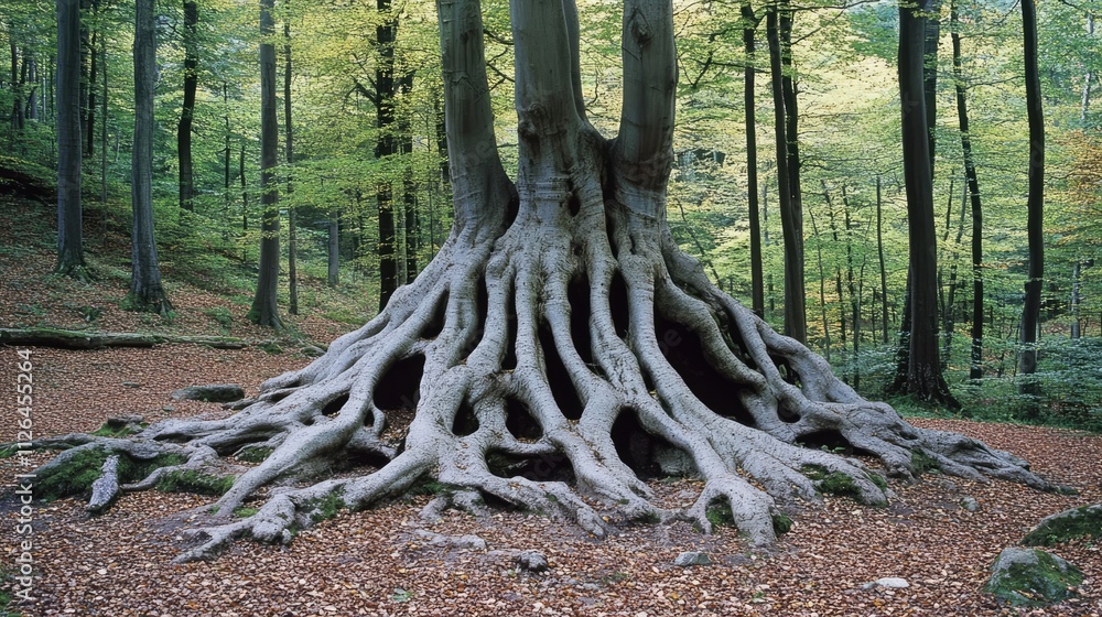 Poster ancient beech tree with extensive roots in a lush green forest, surrounded by fallen leaves and dapp