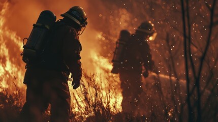 Firefighters combat a wildfire in dramatic lighting showcasing bravery and teamwork during a crucial moment of crisis management